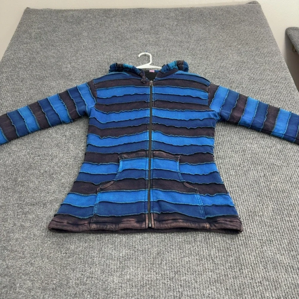 Unbranded Hoodie Womens XXL Blue Cotton Raw Edge Patchwork Boho Grunge Style
